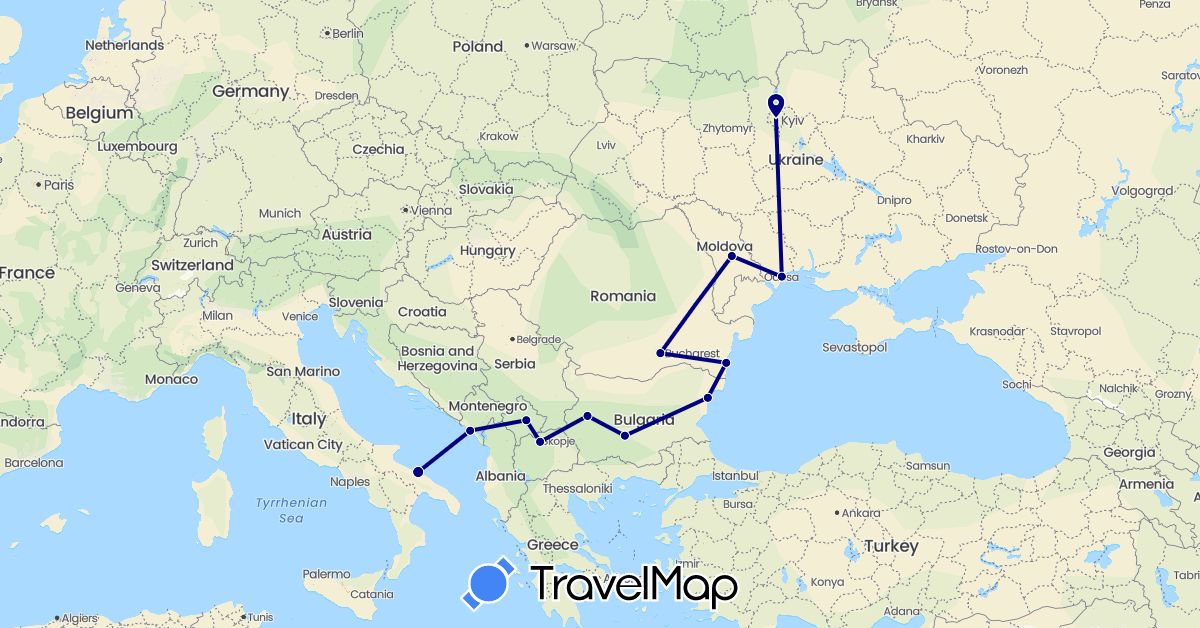 TravelMap itinerary: driving in Bulgaria, Italy, Moldova, Montenegro, Macedonia, Romania, Ukraine, Kosovo (Europe)